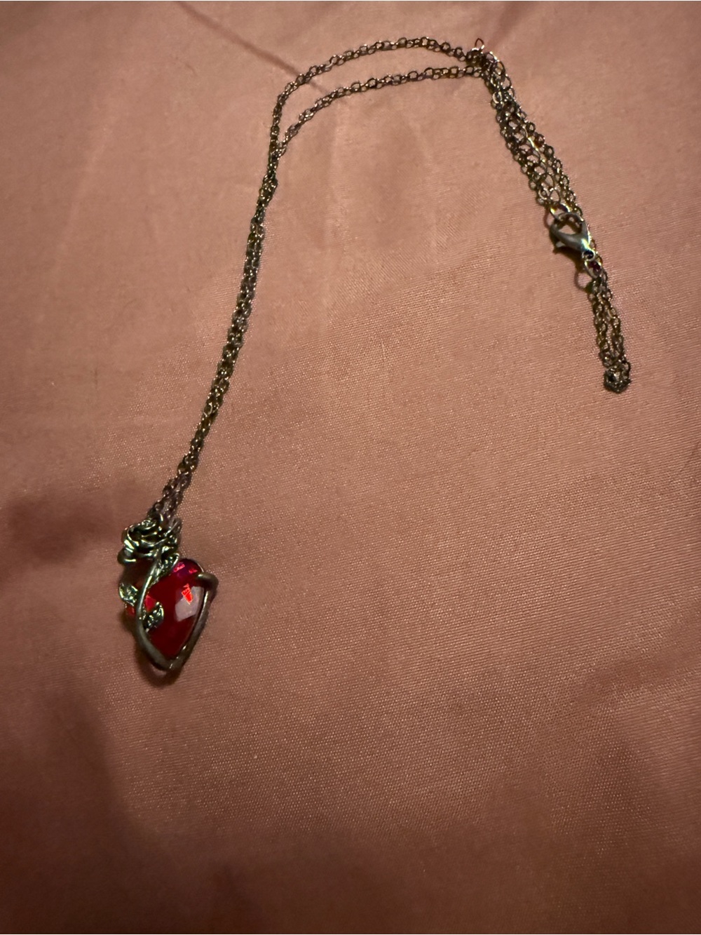 Silver Red Heart Rose Pendant Necklace with Red Crystal